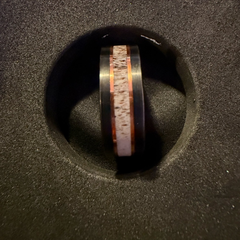 Whiskey Barrel Wood Wedding Ring with Elk Antler and Double Gold Inlays Size 10